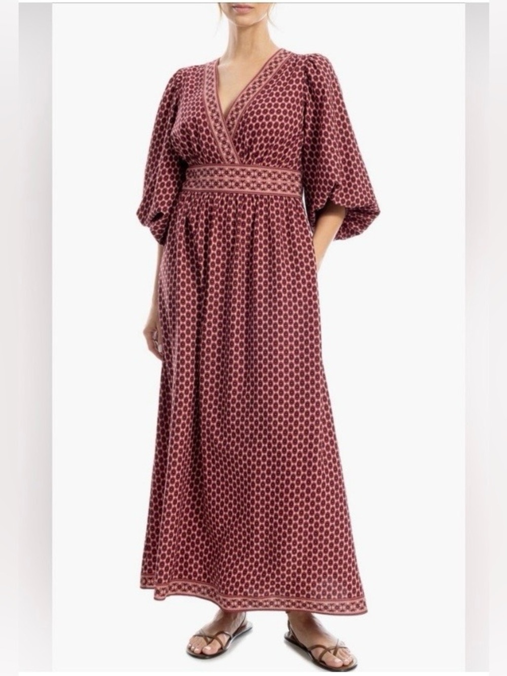 Max Studio London Geometric Print V Neck Puff Maxi Dress, Size L